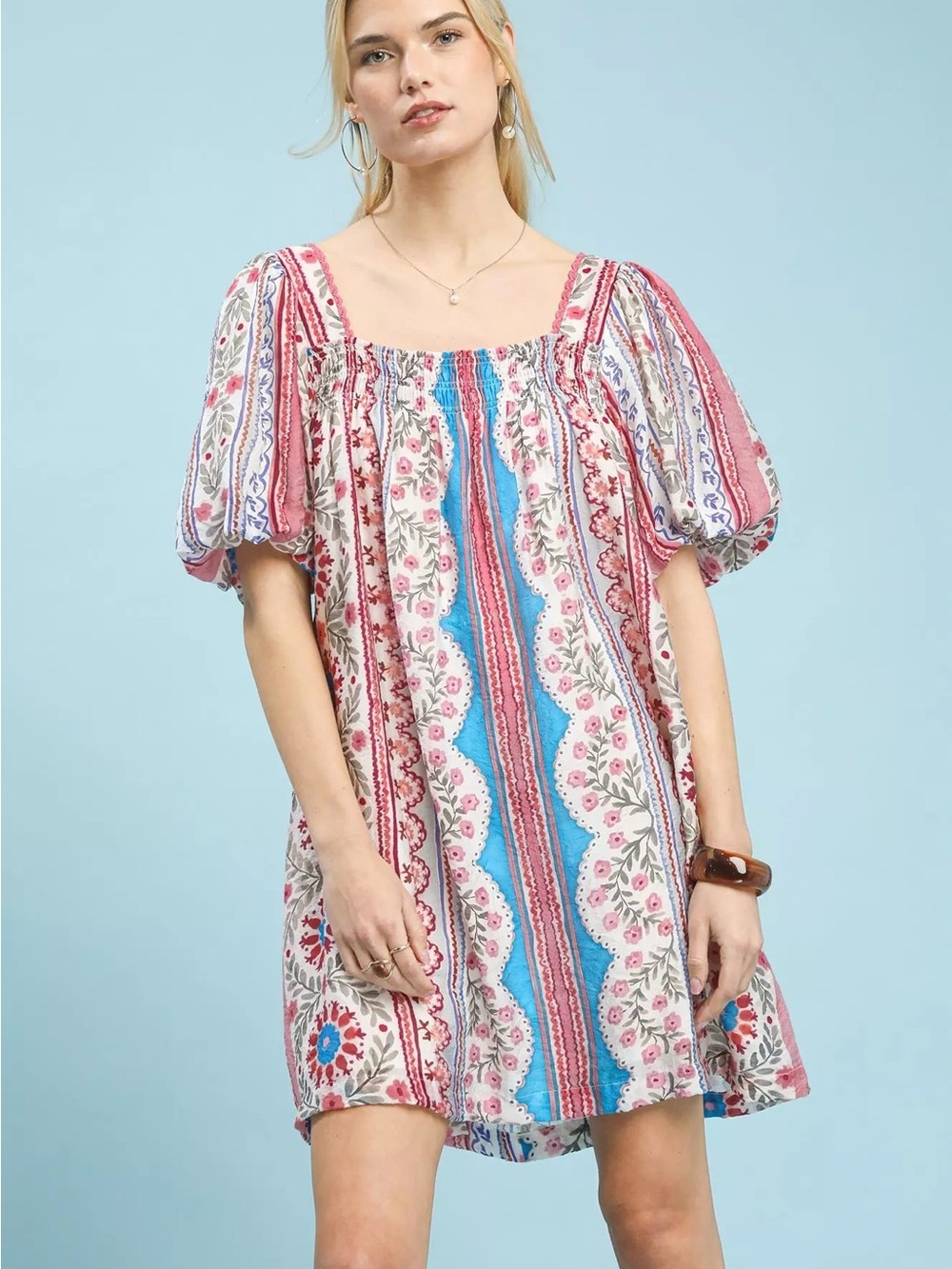 Umgee Mixed Print Puff Sleeve Mini Everett Dress NWT Medium